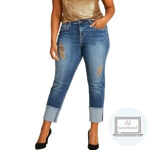 Kut from the Kloth Cameron Cuffed Straight Leg Jeans Feather Embroidery Size 10
